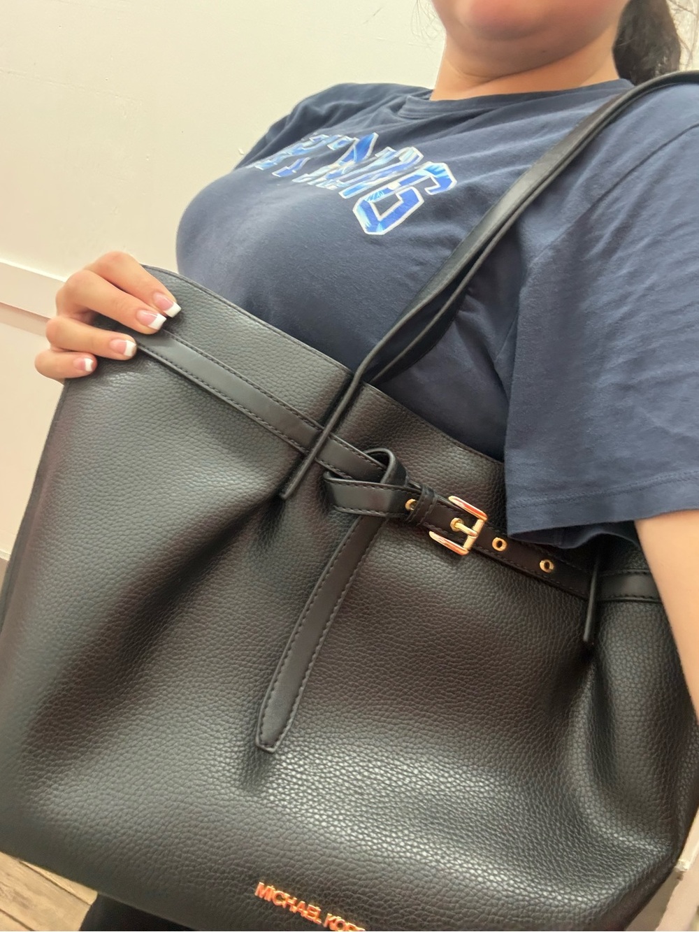 Michael Kors Black Pebbled Leather Shoulder Tote with Gold Hardware